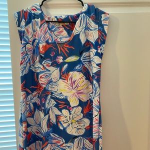 Blue Door Boutique multi colored v neck blue dress, size L